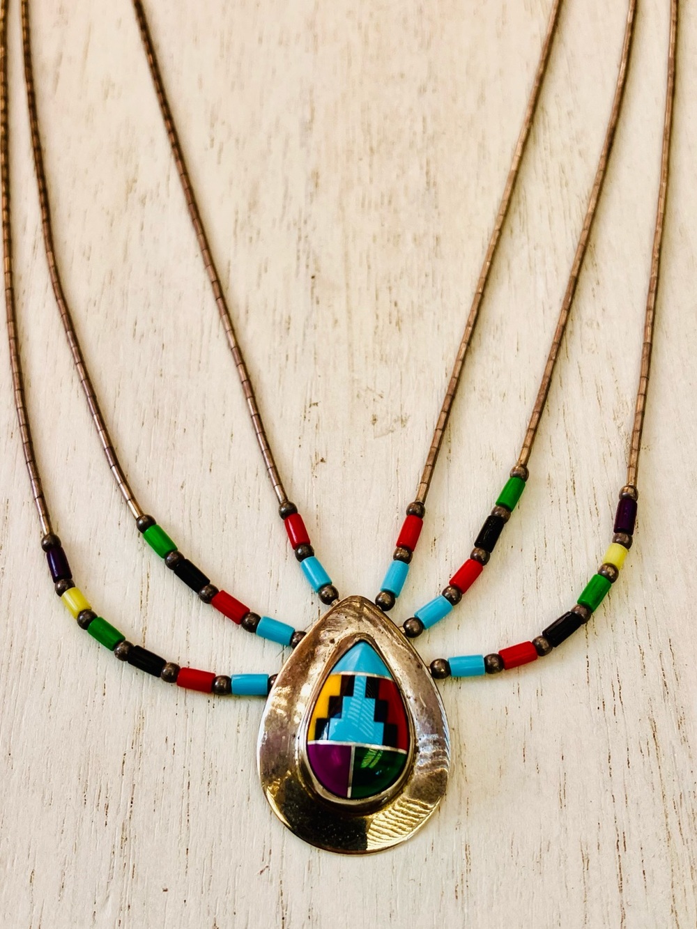 Zuni Native American Sensa Eustace Multi Strand Liquid Sterling Inlaid Necklace